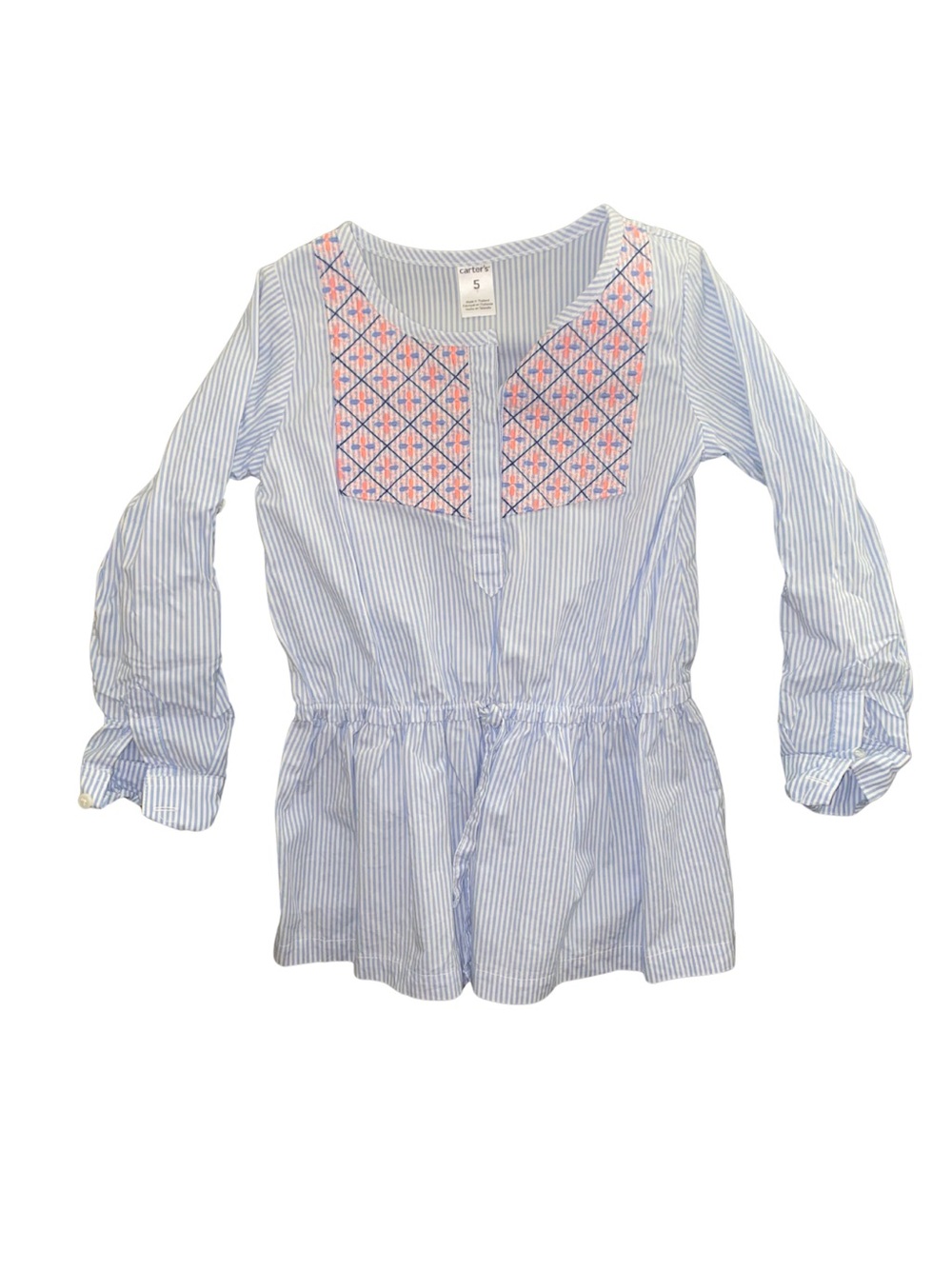 Carter’s Girls Size 5 Blue White Striped Embroidered Peplum Tunic Top Cotton